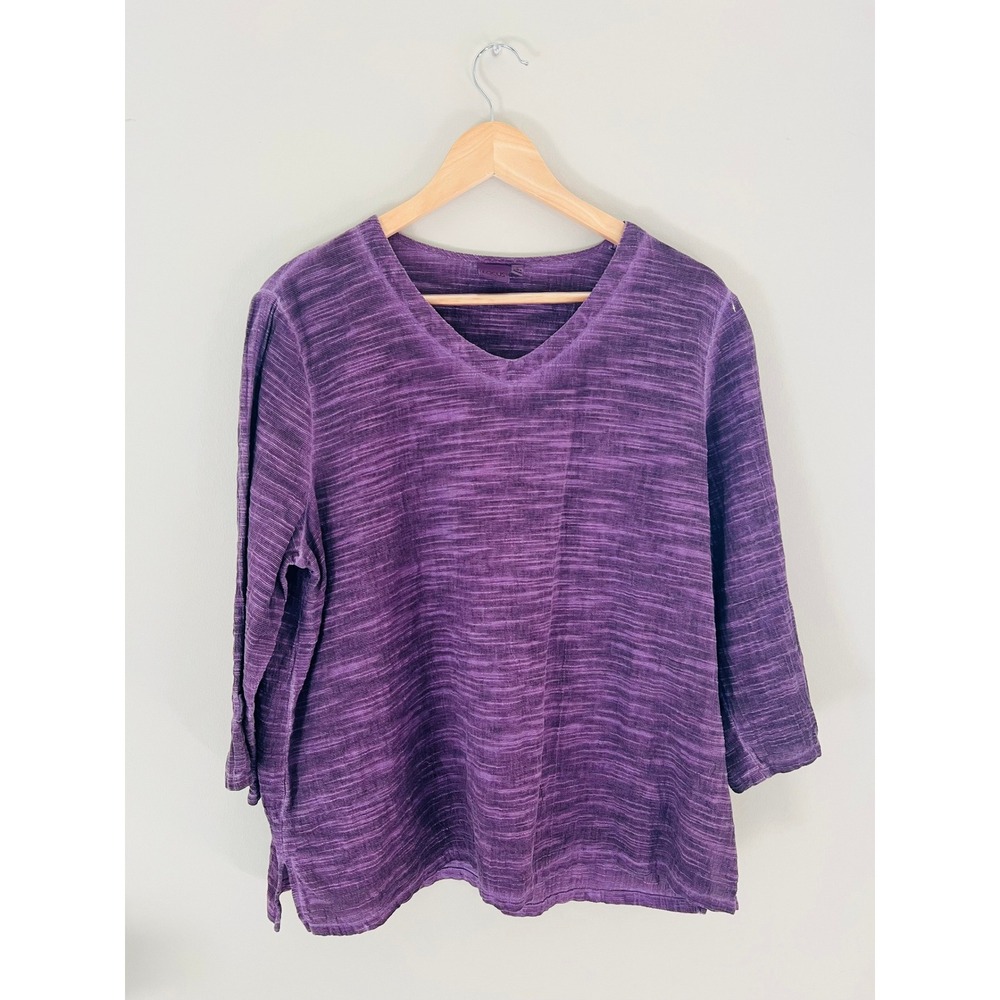 Focus Purple V-Neck preshrunk Cotton 3/4 Sleeve Textured Slub Large lagenlook